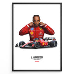 Ladda upp bild till gallerivisning, Framed poster of Lewis Hamilton in Ferrari red racing suit standing behind his red Formula 1 Ferrari car with number 44.
