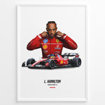 Ladda upp bild till gallerivisning, Framed poster of Lewis Hamilton in Ferrari red racing suit standing behind his red Formula 1 Ferrari car with number 44.

