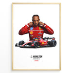 Ladda upp bild till gallerivisning, Framed poster of Lewis Hamilton in Ferrari red racing suit standing behind his red Formula 1 Ferrari car with number 44.
