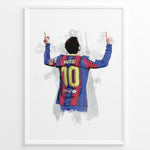 Ladda upp bild till gallerivisning, Plakat of Lionel Messi wearing Barcelona number 10 jersey, celebrating with arms raised.
