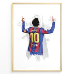 Ladda upp bild till gallerivisning, Plakat of Lionel Messi wearing Barcelona number 10 jersey, celebrating with arms raised.
