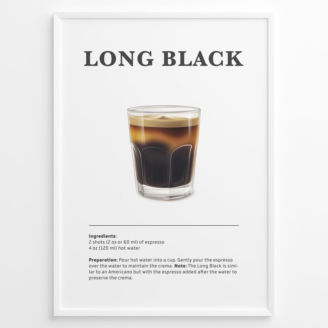 Long Black coffee recipe illustration with a glass of layered espresso and hot water.