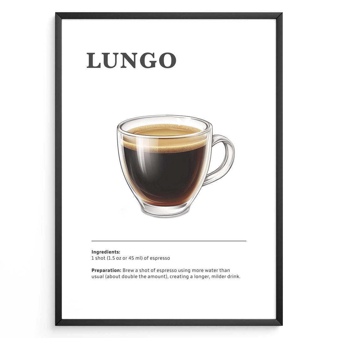 Lungo coffee recipe illustration with a long espresso in a clear glass cup.