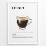 Ladda upp bild till gallerivisning, Lungo coffee recipe illustration with a long espresso in a clear glass cup.
