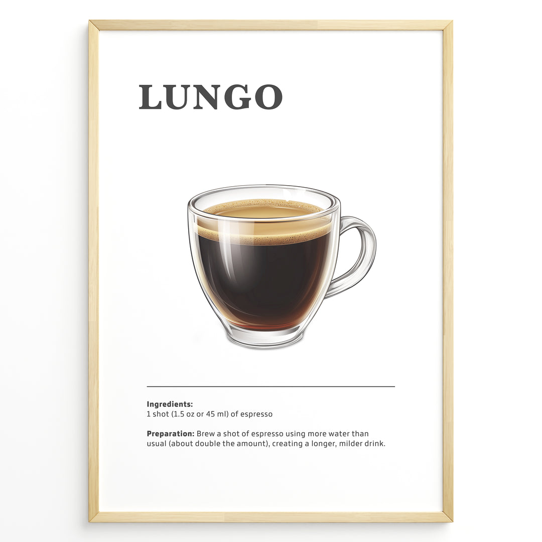 Lungo coffee recipe illustration with a long espresso in a clear glass cup.