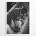 Ladda upp bild till gallerivisning, Fashion Plakat | Luxurious Cartier-Inspired Art Featuring Leopard on Velvet Sofa Plakaty.dk | Black-and-white image of a leopard lying on its back on a tufted velvet sofa, with the word &quot;Cartier&quot; elegantly overlaid at the top.
