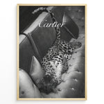 Ladda upp bild till gallerivisning, Fashion Plakat | Luxurious Cartier-Inspired Art Featuring Leopard on Velvet Sofa Plakaty.dk | Black-and-white image of a leopard lying on its back on a tufted velvet sofa, with the word &quot;Cartier&quot; elegantly overlaid at the top.
