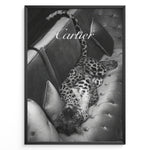 Ladda upp bild till gallerivisning, Fashion Plakat | Luxurious Cartier-Inspired Art Featuring Leopard on Velvet Sofa Plakaty.dk | Black-and-white image of a leopard lying on its back on a tufted velvet sofa, with the word &quot;Cartier&quot; elegantly overlaid at the top.
