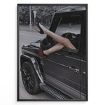 Ladda upp bild till gallerivisning, Fashion Plakat | Luxury Escape: Legs in High Heels Through Mercedes G-Wagon Window Plakaty.dk | Woman&#39;s legs in high heels sticking out of a Mercedes-Benz G-Wagon window in an urban street scene.
