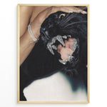 Ladda upp bild till gallerivisning, Fashion Plakat | Luxury Panther Art with Diamond Fangs and Glamorous Aesthetic Plakaty.dk | Close-up image of a black panther snarling with diamond-covered fangs, held gently by a woman&#39;s hand wearing diamond jewelry.
