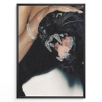Ladda upp bild till gallerivisning, Fashion Plakat | Luxury Panther Art with Diamond Fangs and Glamorous Aesthetic Plakaty.dk | Close-up image of a black panther snarling with diamond-covered fangs, held gently by a woman&#39;s hand wearing diamond jewelry.
