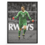 Ladda upp bild till gallerivisning, Manuel Neuer fodbold plakat hvor han jubler i Bayerns grønne målmandstrøje med røde handsker under Champions League kamp.
