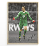 Ladda upp bild till gallerivisning, Manuel Neuer fodbold plakat hvor han jubler i Bayerns grønne målmandstrøje med røde handsker under Champions League kamp.
