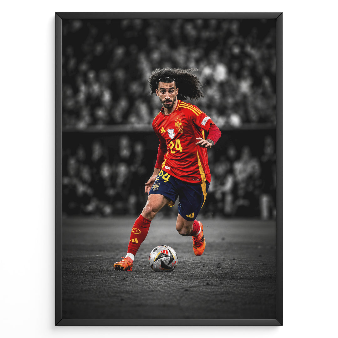 Marc Cucurella plakat i Spaniens landsholdstrøje med moderne sort-hvid baggrund