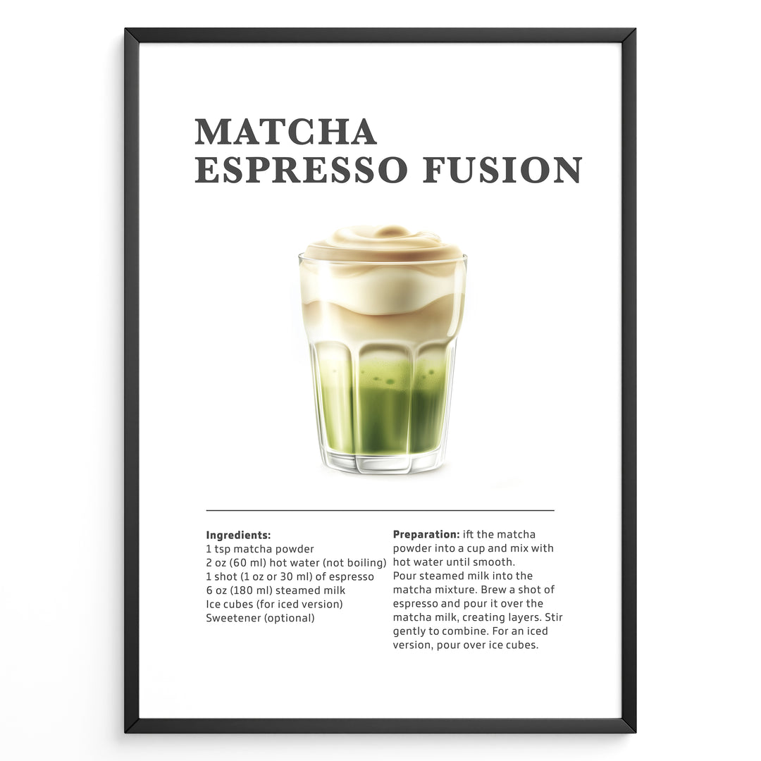 Matcha espresso fusion recipe illustration with layered matcha, milk, and espresso.