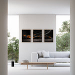 Ladda upp bild till gallerivisning, Triptych wall art plakat of the McLaren F1 Team MCL38 Formula 1 car displayed in a stylish living room with black leather furniture.
