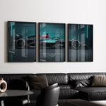 Ladda upp bild till gallerivisning, Triptych wall art plakat of the Mercedes-AMG Petronas F1 Team W15 Formula 1 car displayed in a modern living room with black leather furniture.
