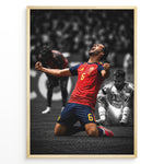 Ladda upp bild till gallerivisning, Mikel Merino plakat i Spaniens landsholdstrøje med moderne sort-hvid baggrund og jubelscene
