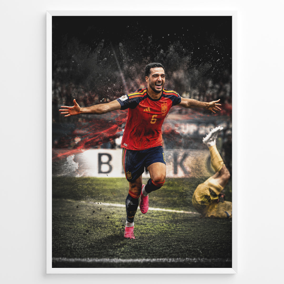 Mikel Merino plakat i Spaniens landsholdstrøje med moderne sort-hvid baggrund og jubelscene