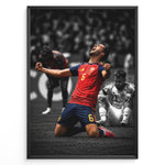 Ladda upp bild till gallerivisning, Mikel Merino plakat i Spaniens landsholdstrøje med moderne sort-hvid baggrund og jubelscene
