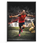Ladda upp bild till gallerivisning, Mikel Merino plakat i Spaniens landsholdstrøje med moderne sort-hvid baggrund og jubelscene

