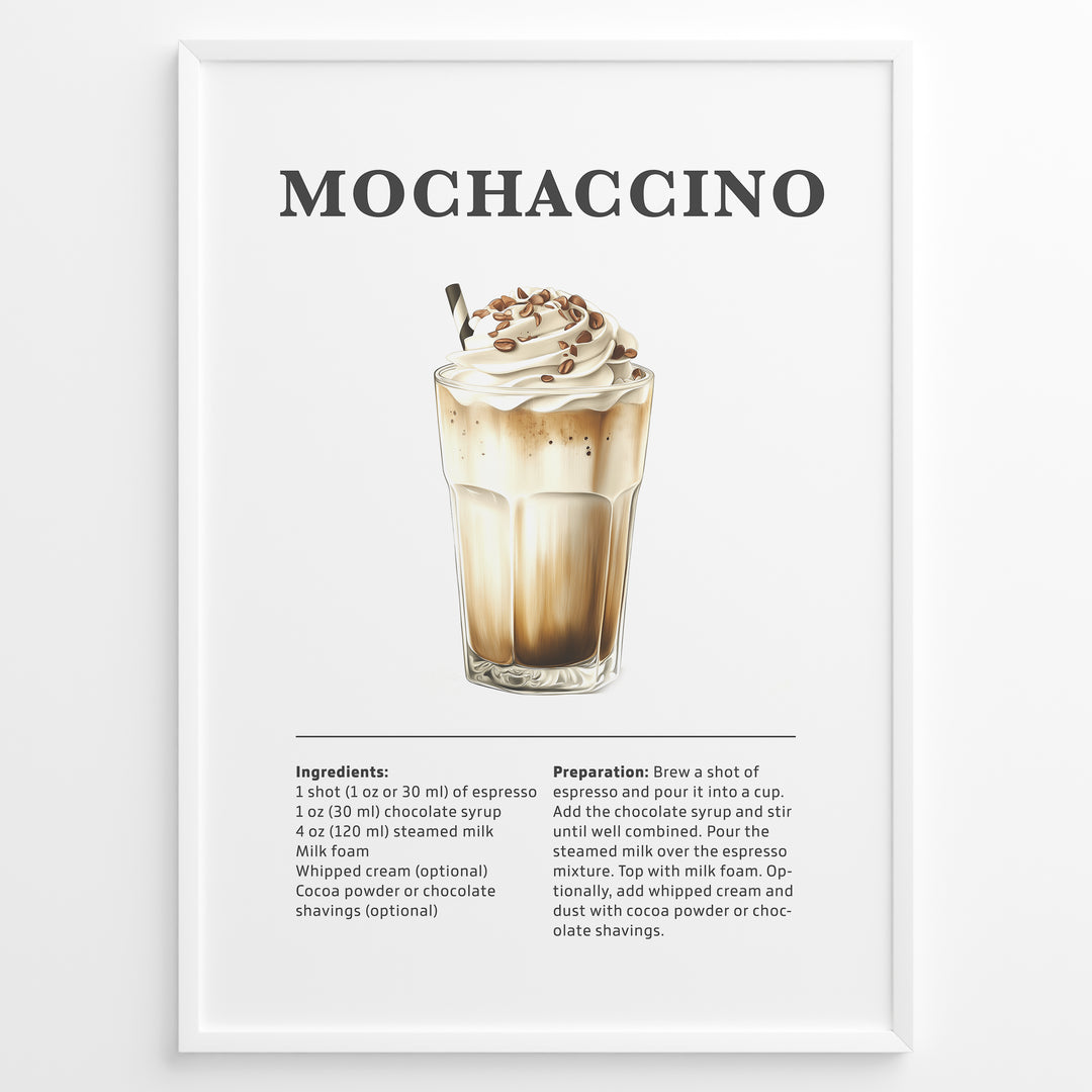 Mochaccino coffee recipe illustration with espresso, chocolate syrup, steamed milk, milk foam, and whipped cream.