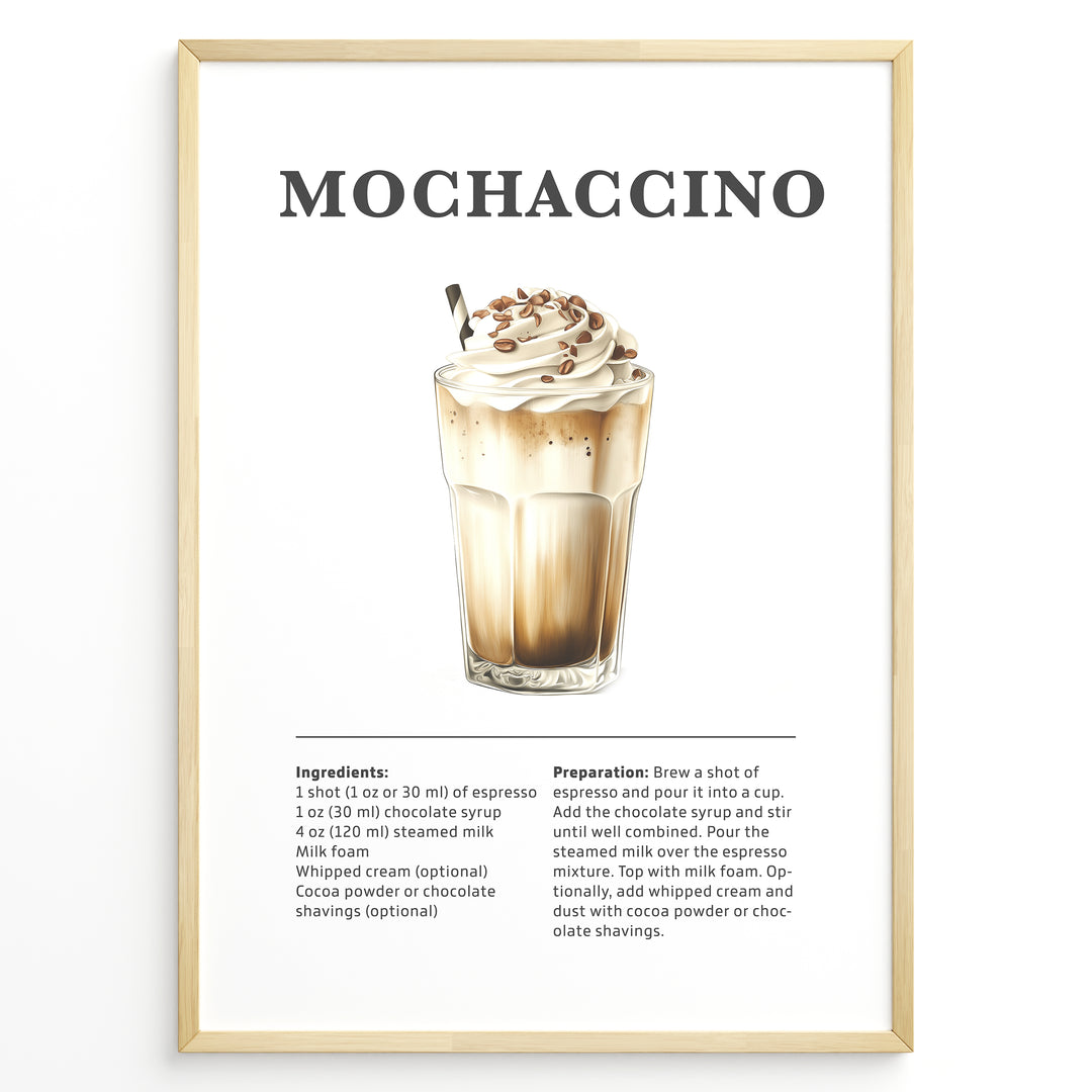 Mochaccino coffee recipe illustration with espresso, chocolate syrup, steamed milk, milk foam, and whipped cream.
