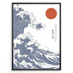 Ladda upp bild till gallerivisning, Japanske plakater | Minimalist poster of stylized ocean waves inspired by Hokusai&#39;s &quot;The Great Wave,&quot; with a red sun in the top right corner and Japanese characters on a white background.
