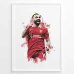 Ladda upp bild till gallerivisning, Watercolor-style framed plakat of Mohamed Salah celebrating in a Liverpool FC jersey
