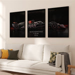 Ladda upp bild till gallerivisning, Triptych wall art plakat of the MoneyGram Haas F1 Team VF-24 Formula 1 car displayed in a modern black leather-furnished living room.
