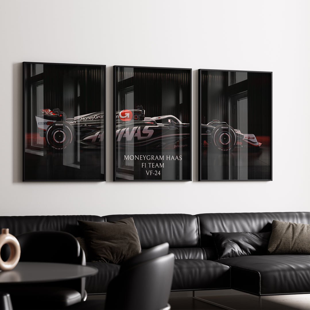 Triptych wall art plakat of the MoneyGram Haas F1 Team VF-24 Formula 1 car displayed in a modern black leather-furnished living room.
