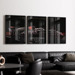 Ladda upp bild till gallerivisning, Triptych wall art plakat of the MoneyGram Haas F1 Team VF-24 Formula 1 car displayed in a modern black leather-furnished living room.
