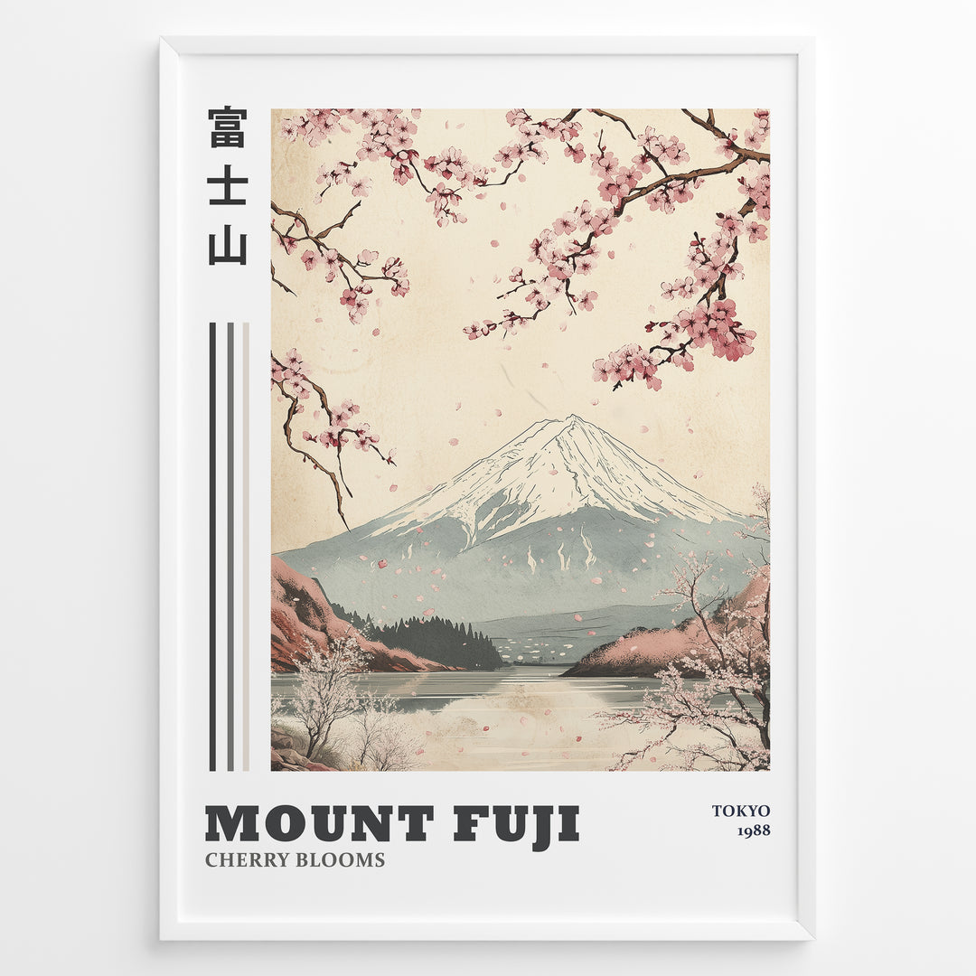 Japanske plakater | Vintage-style illustration of Mount Fuji with cherry blossoms falling over a peaceful lake and distant forest, featuring the text “Tokyo 1988.”