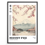 Ladda upp bild till gallerivisning, Japanske plakater | Vintage-style illustration of Mount Fuji with cherry blossoms falling over a peaceful lake and distant forest, featuring the text “Tokyo 1988.”
