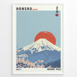 Ladda upp bild till gallerivisning, Japanske plakater | Japanese-style poster of Mount Fuji with a red sun in the background and cherry blossoms in the foreground, featuring the text &quot;Honshu Japan&quot; and &quot;Mount Fuji.&quot;
