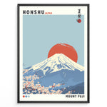 Ladda upp bild till gallerivisning, Japanske plakater | Japanese-style poster of Mount Fuji with a red sun in the background and cherry blossoms in the foreground, featuring the text &quot;Honshu Japan&quot; and &quot;Mount Fuji.&quot;

