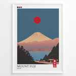 Ladda upp bild till gallerivisning, Japanske plakater | Minimalist poster of Mount Fuji at sunset with a red sun in the sky, trees and houses in the foreground, and soft pink and blue tones creating a tranquil Japanese landscape.
