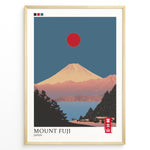 Ladda upp bild till gallerivisning, Japanske plakater | Minimalist poster of Mount Fuji at sunset with a red sun in the sky, trees and houses in the foreground, and soft pink and blue tones creating a tranquil Japanese landscape.
