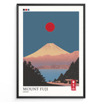 Ladda upp bild till gallerivisning, Japanske plakater | Minimalist poster of Mount Fuji at sunset with a red sun in the sky, trees and houses in the foreground, and soft pink and blue tones creating a tranquil Japanese landscape.
