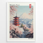Ladda upp bild till gallerivisning, Japanske plakater | Illustration of Mount Fuji with the red Chureito Pagoda and blooming cherry blossom trees beside a river in a serene Japanese landscape.
