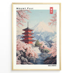 Ladda upp bild till gallerivisning, Japanske plakater | Illustration of Mount Fuji with the red Chureito Pagoda and blooming cherry blossom trees beside a river in a serene Japanese landscape.
