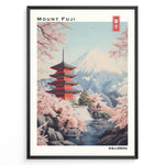 Ladda upp bild till gallerivisning, Japanske plakater | Illustration of Mount Fuji with the red Chureito Pagoda and blooming cherry blossom trees beside a river in a serene Japanese landscape.

