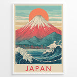 Ladda upp bild till gallerivisning, Japanske plakater | Framed vintage-style Japanese poster featuring Mount Fuji, Great Wave, red sun, and coastal town scene with “Japan” text.
