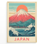 Ladda upp bild till gallerivisning, Japanske plakater | Framed vintage-style Japanese poster featuring Mount Fuji, Great Wave, red sun, and coastal town scene with “Japan” text.
