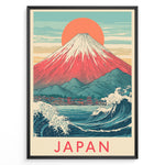 Ladda upp bild till gallerivisning, Japanske plakater | Framed vintage-style Japanese poster featuring Mount Fuji, Great Wave, red sun, and coastal town scene with “Japan” text.
