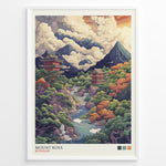 Ladda upp bild till gallerivisning, Japanske plakater | Colorful illustrated poster of Mount Koya (Koyasan), depicting lush forests, mountain peaks, flowing rivers, and traditional Japanese temples under dramatic cloud-filled skies.
