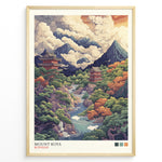Ladda upp bild till gallerivisning, Japanske plakater | Colorful illustrated poster of Mount Koya (Koyasan), depicting lush forests, mountain peaks, flowing rivers, and traditional Japanese temples under dramatic cloud-filled skies.
