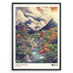 Ladda upp bild till gallerivisning, Japanske plakater | Colorful illustrated poster of Mount Koya (Koyasan), depicting lush forests, mountain peaks, flowing rivers, and traditional Japanese temples under dramatic cloud-filled skies.
