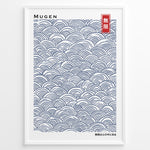 Ladda upp bild till gallerivisning, Japanske plakater | Minimalist Japanese poster with traditional blue Seigaiha wave patterns and the word &quot;Mugen&quot; (infinity) in Kanji and English.
