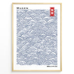 Ladda upp bild till gallerivisning, Japanske plakater | Minimalist Japanese poster with traditional blue Seigaiha wave patterns and the word &quot;Mugen&quot; (infinity) in Kanji and English.
